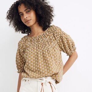 Madewell Tan olive Floral Blouse shirred puff sleeve